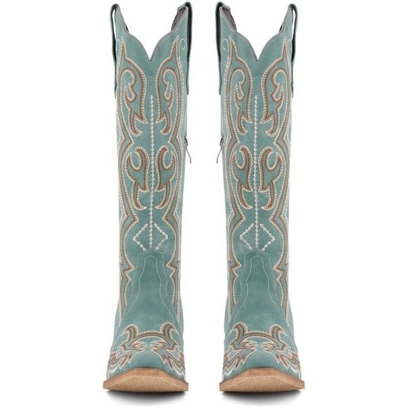 Women's Green Knee High Western Snip Toe Side Zipper Chunky Heel Boots - Picture 2 of 7